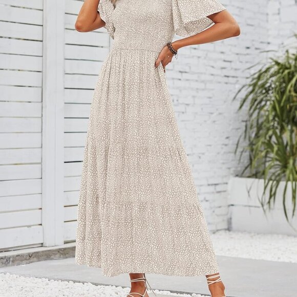 Women's 2025 Summer Casual Floral Print Short Flutter Sleeve Crew Neck Smocked H - Picture 4 of 7